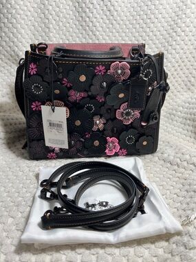 Coach Pink & Black Tea Rose Rogue 25 Satchel / Shoulder / Crossbody Bag